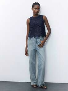 Maija Áo vest chấm bi tròn thêu chỉ tan trong nước, thoải mái và thoáng khí, thích hợp cho kỳ nghỉ của nữ. - Màu xanh hải quân - Xem 5