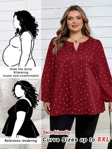 SHEIN CURVE+ Áo sơ mi dài tay cổ chữ V cỡ lớn, in họa tiết hoa toàn thân, kiểu dáng thường ngày. - Màu Đỏ Sâu - Xem 1