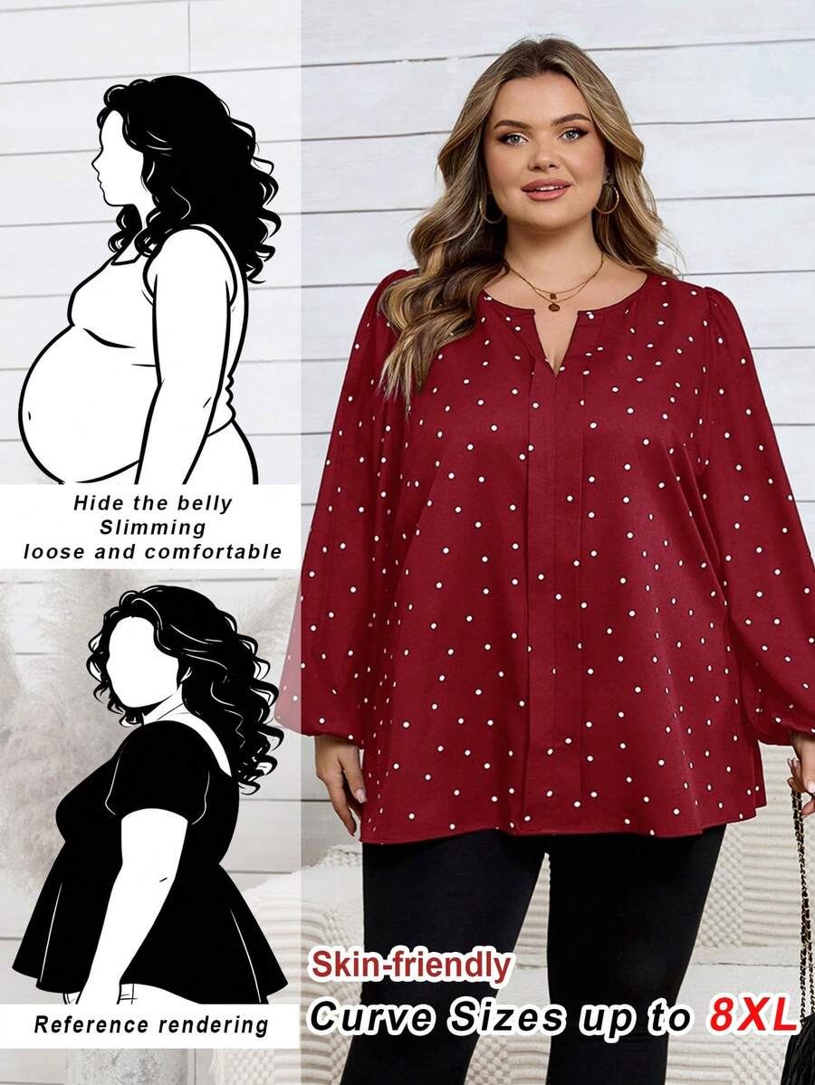 SHEIN CURVE+ Áo sơ mi dài tay cổ chữ V cỡ lớn, in họa tiết hoa toàn thân, kiểu dáng thường ngày. - Màu Đỏ Sâu - Xem 1