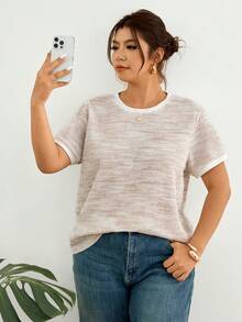 Lounesse Áo thun nữ cỡ lớn cổ tròn tay ngắn đính sequin, màu nâu, kiểu dáng thường ngày, cổ tròn, chất liệu dệt kim kiểu waffle. - Màu Khaki - Xem 4
