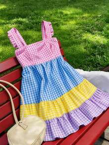 Sweetra Vestido midi de manga corta con parches de cuadros de talla grande y colorido - Multicolor - Ver 1
