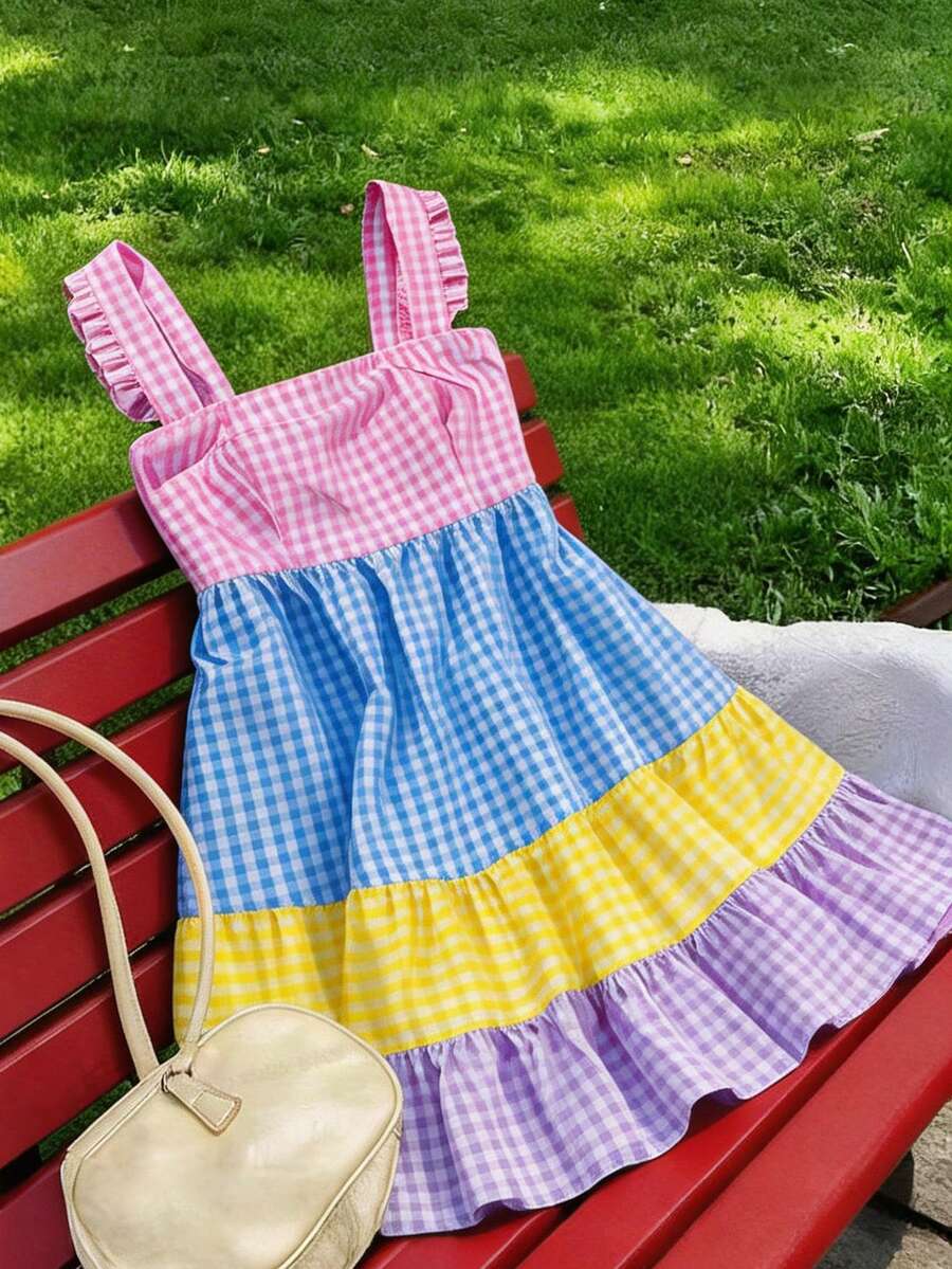 Sweetra Vestido midi de manga corta con parches de cuadros de talla grande y colorido - Multicolor - Ver 1