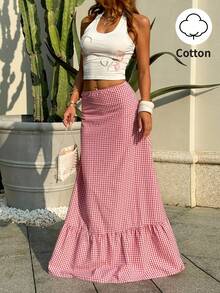 Sunnyshic Red & White Plaid Cotton Fabric A-Line Ruffle Hem Long Skirt, Women's Spring/Summer Fashion, Minimalist Commute, Casual, Beach, Elegant & Versatile - Red - View 1