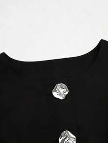 SHEIN Sweetro Plus Size Women's Button Design Round Neck Short Sleeve Blouse - Black - View 3