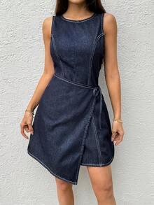 Sunnyshic Đầm denim nữ cổ tròn thắt nút, kiểu dáng thường ngày, thích hợp cho kỳ nghỉ hoặc đi biển. - Màu xanh lam - Xem 5