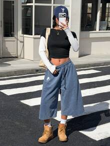 Muchica 女士复古水洗刺绣牛仔短裤，阔腿短裤，适合外出和街头穿着，蓝色 - 藍色 - 查看 3