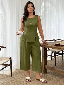 SHEIN LUNE 大码女式春夏开衩纽扣装饰上衣和七分裤休闲度假两件套 - 軍綠色 - 查看 4