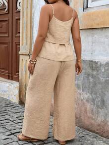 SHEIN VCAY Plus Size 2 Pieces Set: Layered Camisole Top And Patchwork Pants - Khaki - View 2
