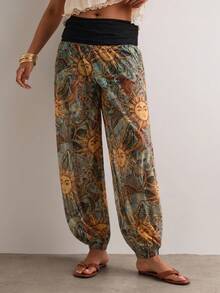 Freevana 大码女式印花休闲百搭抽绳裤 - 杏色 - 查看 8