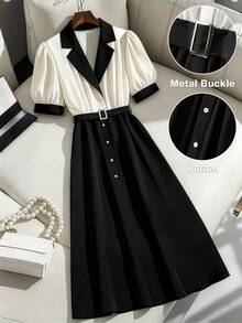 GlowEve CURVE 大码女式优雅撞色拼接衬衫领短袖连衣裙，单排扣金属纽扣腰部A字中长连衣裙，适合休闲、通勤和日常穿着 - 黑色 - 查看 1