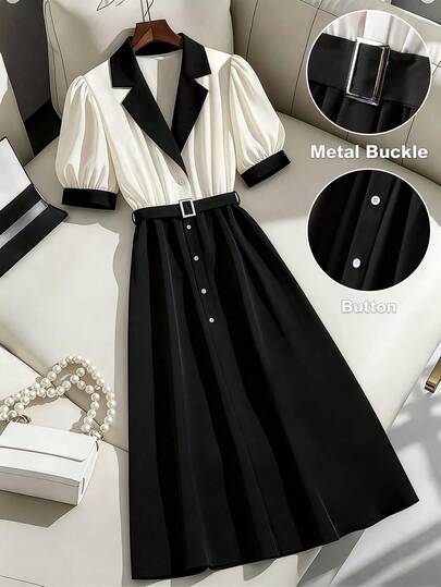 GlowEve CURVE 大码女式优雅撞色拼接衬衫领短袖连衣裙，单排扣金属纽扣腰部A字中长连衣裙，适合休闲、通勤和日常穿着