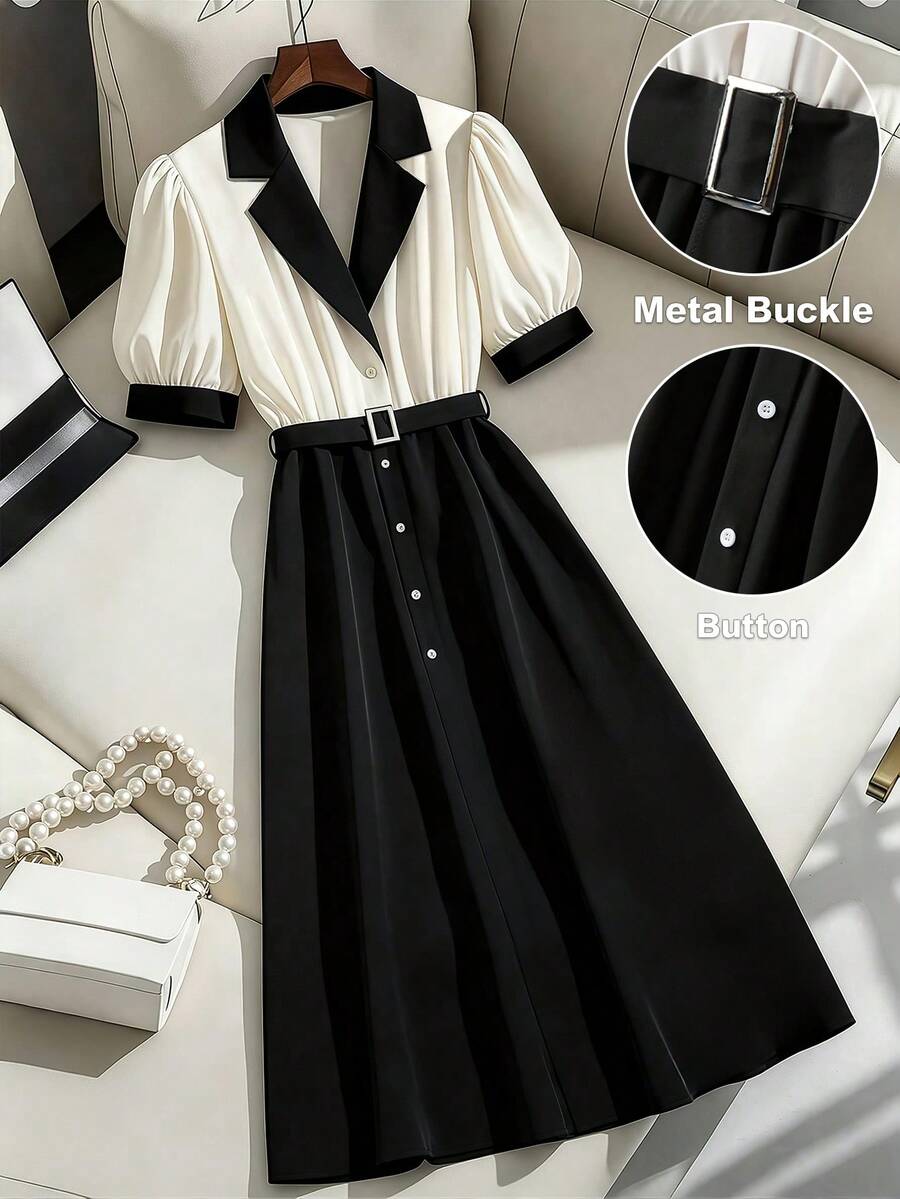 GlowEve CURVE 大码女式优雅撞色拼接衬衫领短袖连衣裙，单排扣金属纽扣腰部A字中长连衣裙，适合休闲、通勤和日常穿着 - 黑色 - 查看 1