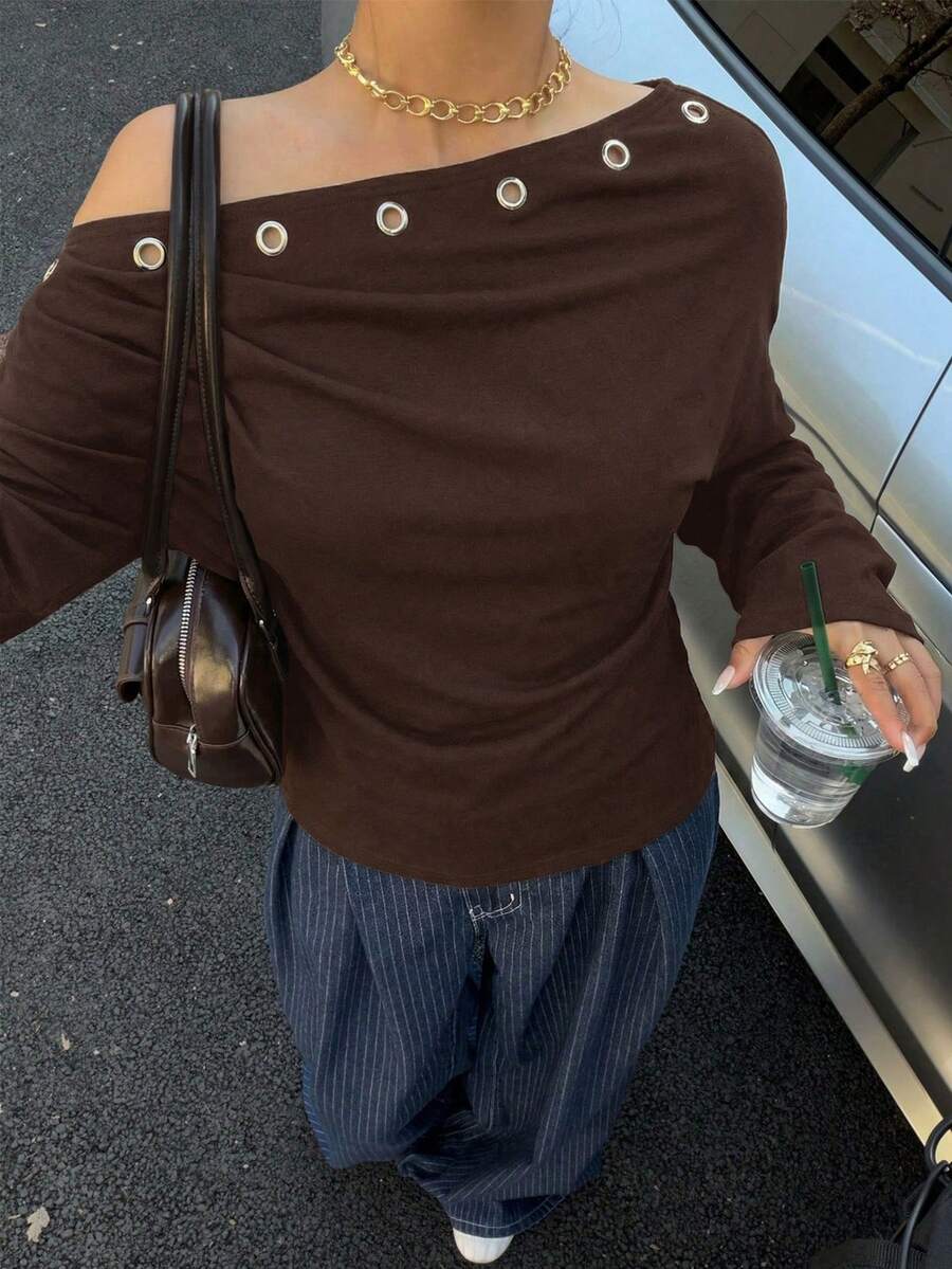 SHEIN EZwear Sudadera de mujer con diseño de ojales asimétrico en el hombro y el cuello, color marrón café - Café integral - Ver 1