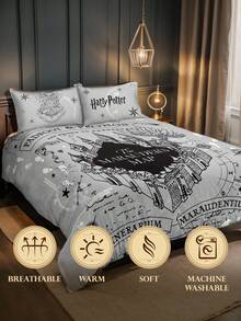 HARRY POTTER X SHEIN 三件套神秘地图印花被套，采用柔软舒适的磨砂面料，灰色被套，适用于单人床/双人床/大号床/特大号床，是开学季的理想之选。 - 淺灰色 - 查看 6