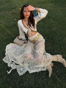 SHEIN MOD 女士撞色滚边打结休闲度假长袖上衣 - 米色 - 查看 1