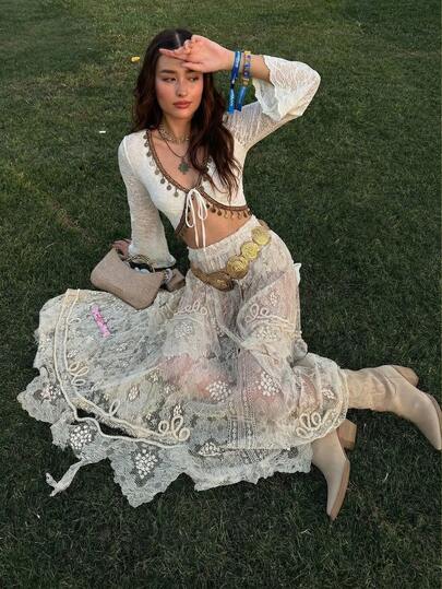 SHEIN MOD 女士撞色滚边打结休闲度假长袖上衣