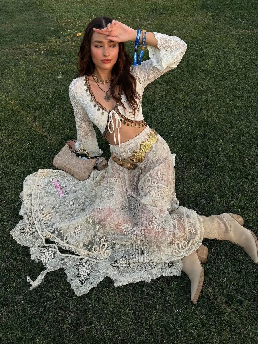 SHEIN MOD 女士撞色滚边打结休闲度假长袖上衣 - 米色 - 查看 1