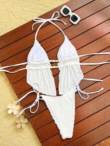 Bonvoyette 女士夏季纯色提花面料吊带露背抽绳系带挂脖性感可爱少女沙滩比基尼泳衣套装 - 杏色 - 查看 2