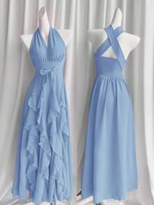 Rafferiza Women Light Blue Summer Elegant Dinner Multi-Layered Ruffled Long Dress,Boho Halter Wedding Guest Graduation Birthday Prom Evening Beach Sun Dress - Blue - View 8