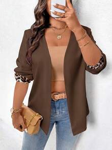 EMERY ROSE Plus Size Women Casual Long Sleeve Blazer Jacket With Leopard Print Patchwork - Brown - View 4