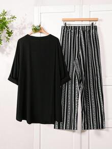 Enliva 2pcs/Set Plus Size Solid V-Neck Short Sleeve Top And Allover Print Pants Leisure Vacation Outfit, For Summer,Holiday Outfits Boho, For Apple And Rounded Body Shape - Black - View 3