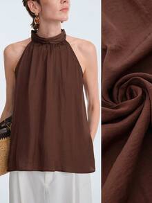 Aalyst Women's Coffee Brown Silk-Like Satin High Neck Ruffle Collar Sleeveless Tank Top,Summer Elegant Tea Party Backless Loose A-Line Hem French - Coffee Brown - View 2