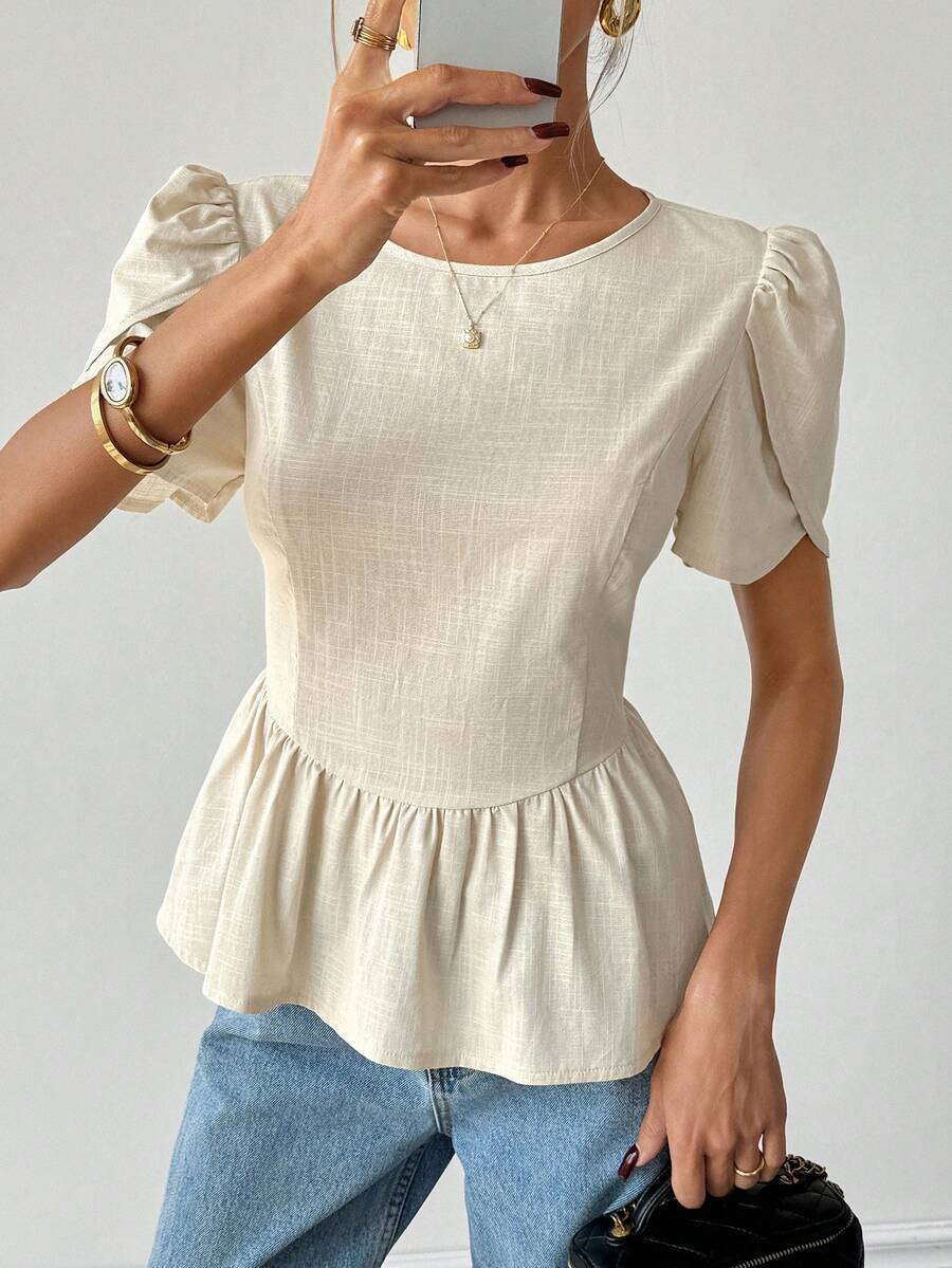 Rafferiza 女士优雅通勤休闲外出约会装扮 A 字型短袖衬衫，春夏款 - 卡其色 - 查看 1