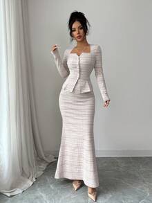 Elenzga 女士方领印花纽扣前开襟长袖上衣和裙子两件套 - 卡其色 - 查看 5