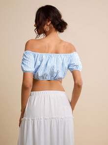LOTSLUV Women's Blue & White Striped Off-Shoulder Short Sleeve Cropped Top, Spring/Summer - Blue and White - View 2