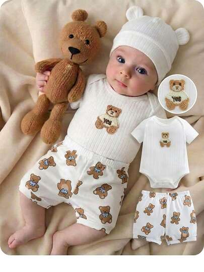 Newborn Baby Summer Casual Everyday Wear Cute Teddy Bear Decor Ribbed Knit Short Sleeve Romper And Shorts Set