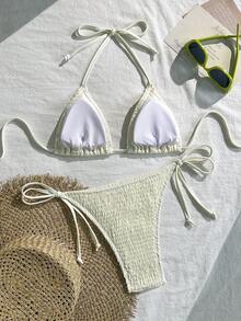SHEIN Swim 女士夏季沙滩纯色吊带系带性感比基尼泳装套装 - 杏色 - 查看 2