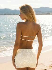 SHEIN ICON Áo ống mùa hè dành cho nữ, hở lưng, lấp lánh, thanh lịch, gợi cảm, màu be, đính sequin, vạt bất đối xứng, sexy, đa năng, thích hợp cho hẹn hò và đi chơi. - Màu be - Xem 2