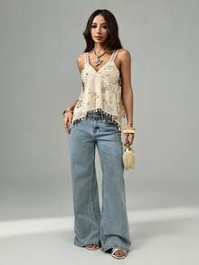 SHEIN PETITE 女士亮片荷叶边下摆优雅吊带衫 - 白色 - 查看 7