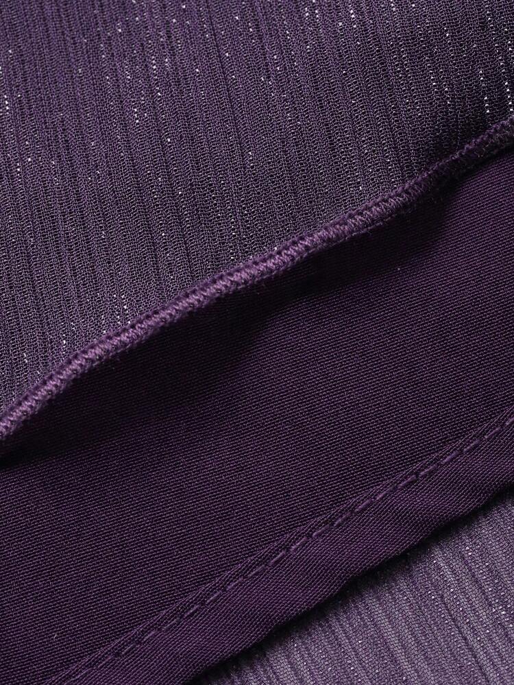 Dazy Plus Plus Size Elegant Purple Long Chiffon & Contrast Lace Cinched Waist Dress, Shawl Collar, Spring/Summer Sundress