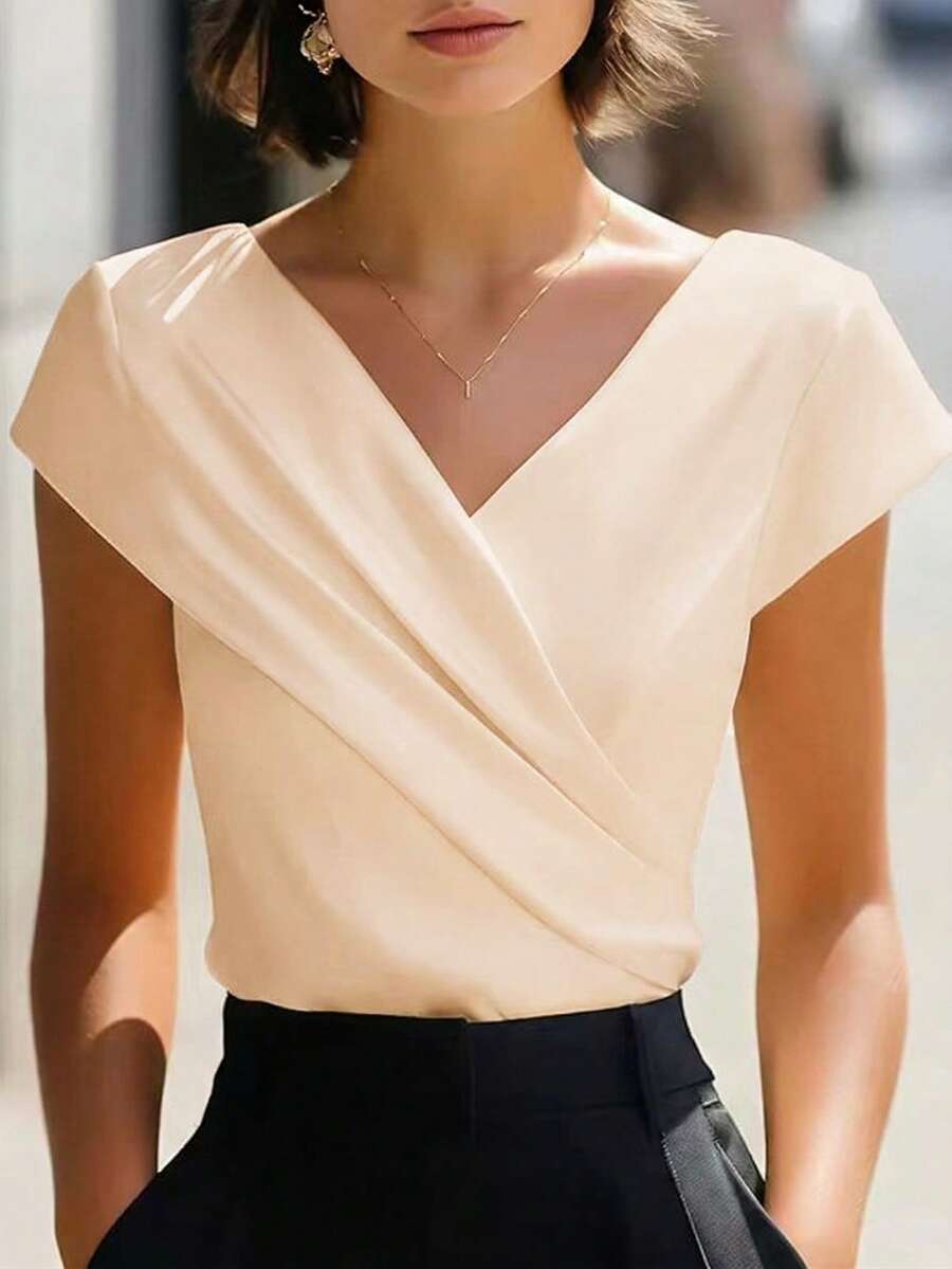 Balvessa Women's Solid Color Elegant V-Neck Criss-Cross T-Shirt - Apricot - View 1