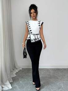 SHEIN Elenzya Elegant Commuter Casual Daily Fitted Dual-Color Placement Print Bowknot Strap Asymmetrical Women Blouse - White - View 3
