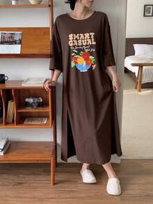 DAZY Camisón de mujer de ajuste holgado y longitud media con estampado de ramo de letras - Marrón - Ver 3