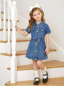 Elladie kids Baby Girl Blue Denim Dress,Summer Casual School Back-To-School A-Line Sleeveless Denim Dress With Adjustable Waist Belt,Soft For Daily Wear Vacation - Medium Wash - View 8