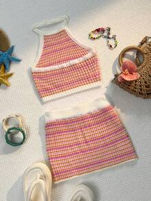 Sunnyshic Women's Fashionable Sexy Cute Beach Spaghetti Strap Camisole And Mini Skirt Knit Sweater 2 Pieces Set, Summer - Multicolor - View 2