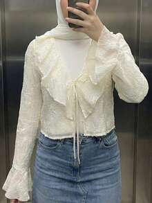 Solavon Women's Minimalist Elegant Textured Ruffle Front Tie Blouse Tea Party Cream White Autumn - Apricot - View 2