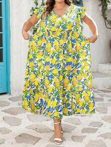 SHEIN CURVE+ Curve 尺码 US22 音乐节、海滨度假、波西米亚风女士优雅褶皱短袖弹力腰水果印花连衣裙，春夏沙滩度假连衣裙，沙滩装 - 黃色 - 查看 5