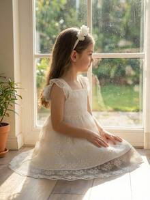 SHEIN Vintaside Kids Girls' Sweet French Style Hollow Back + Cap Sleeve Floral Embroidered Mesh Dress, Summer - White - View 3