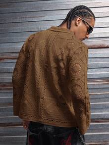 AXEPEAK Áo khoác cardigan dệt kim dài tay cài một hàng khuy dành cho nam, thiết kế khoét rỗng. - Màu Khaki - Xem 2