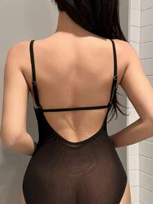 DAZY 蕾丝撞色网纱透视露背吊带性感连体衣，适合外出穿着，女士内衣 - 黑色 - 查看 2
