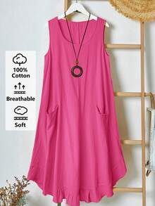 EMERY ROSE Country Style Vintage Sleeveless Pocket Pleated Hem A-Line Midi Dress, Yellow, Plus Size, Spring/Summer - Hot Pink - View 4