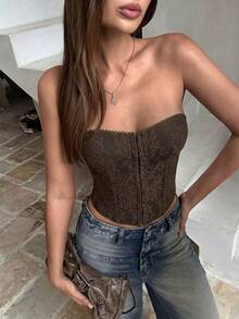 Aloruh Women's Summer New Coffee Color Elegant Sexy Fashionable Romantic Minimalist Wedding Guest Floral Patchwork Strapless Bustier,Summer Top - Coffee Brown - View 6