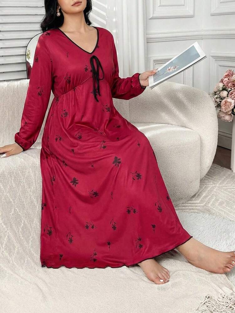 Dazy Plus Plus Size Floral Print Tie Front Long Sleeve Nightgown