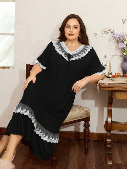 Côtesoire Women's Black Milk Silk Mid-Length Dress With White Lace Ruffle Hem, Romantic Palace Princess Style, Can Be Worn Casually Or As Sleepwear