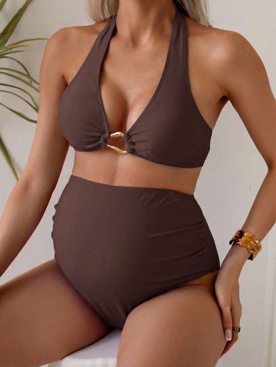 SHEIN Swim Vcay Pregnant Women Summer Beach Solid Color Halter Bikini Set