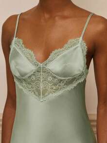 lacRébo 2 piezas Conjunto de pijama estilo vintage sexy con camisón de satén y encaje y bata con cinturón de encaje de pestañas - Verde - Ver 4